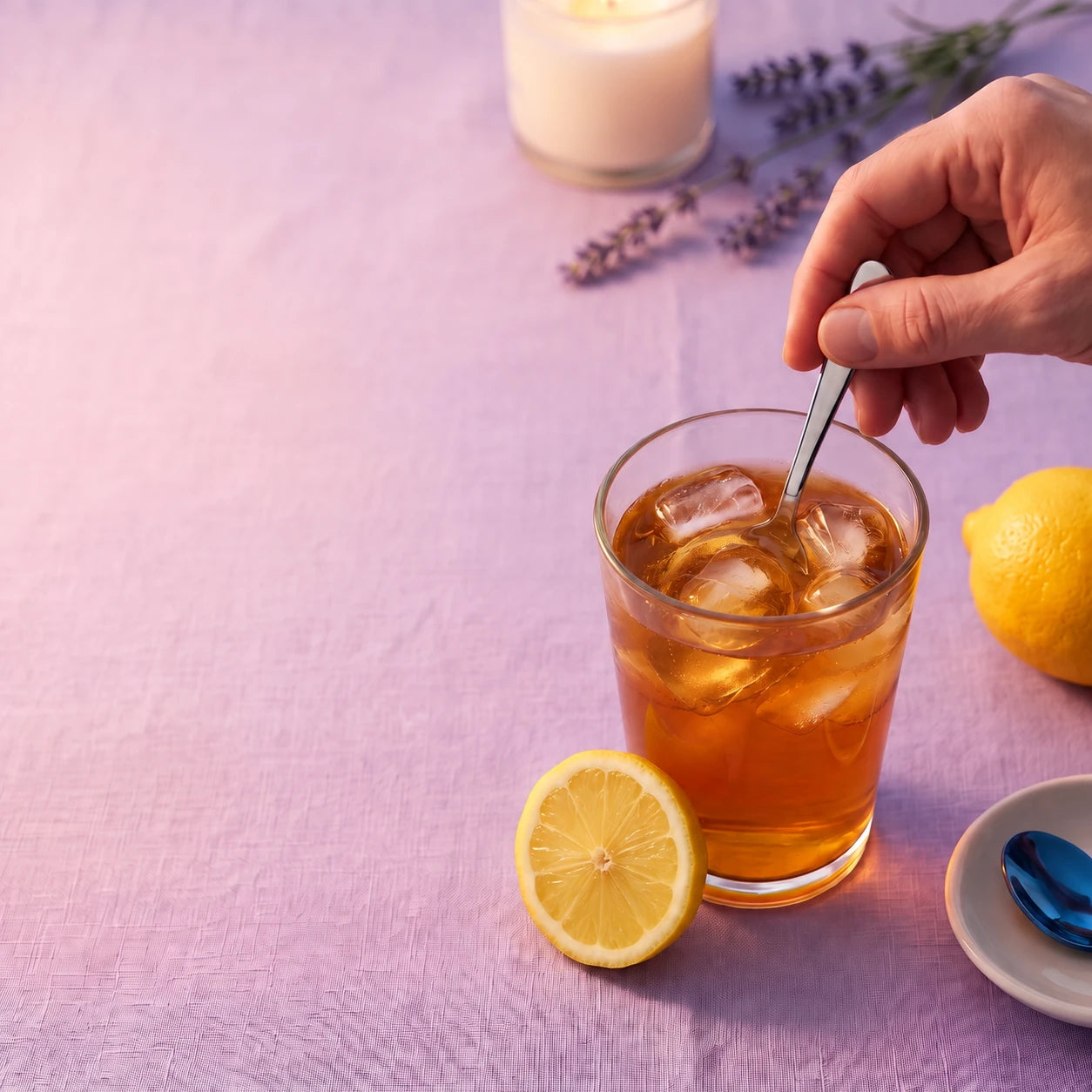 Stirring SleepTight Lemon Iced Tea with a silver spoon