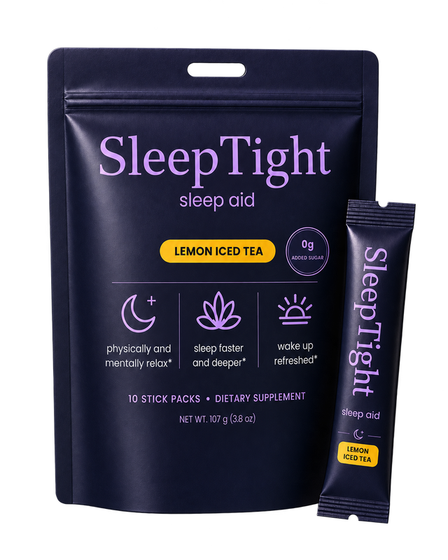 SleepTight Lemon Iced Tea sleep aid 10-count pouch with individual stick pack
