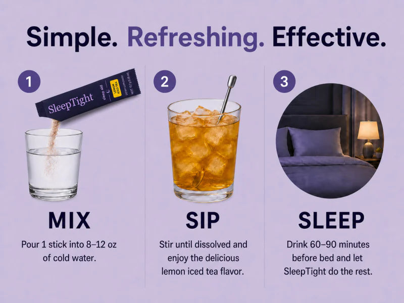 Three steps for using SleepTight: mix one stick with 8 to 12 ounces of cold water, stir until dissolved, and drink 60 to 90 minutes before bed