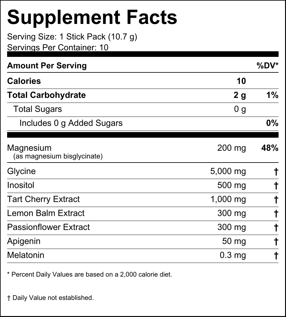 Supplement Facts for the 10-count pouch. Serving size: one 10.7 g stick pack.