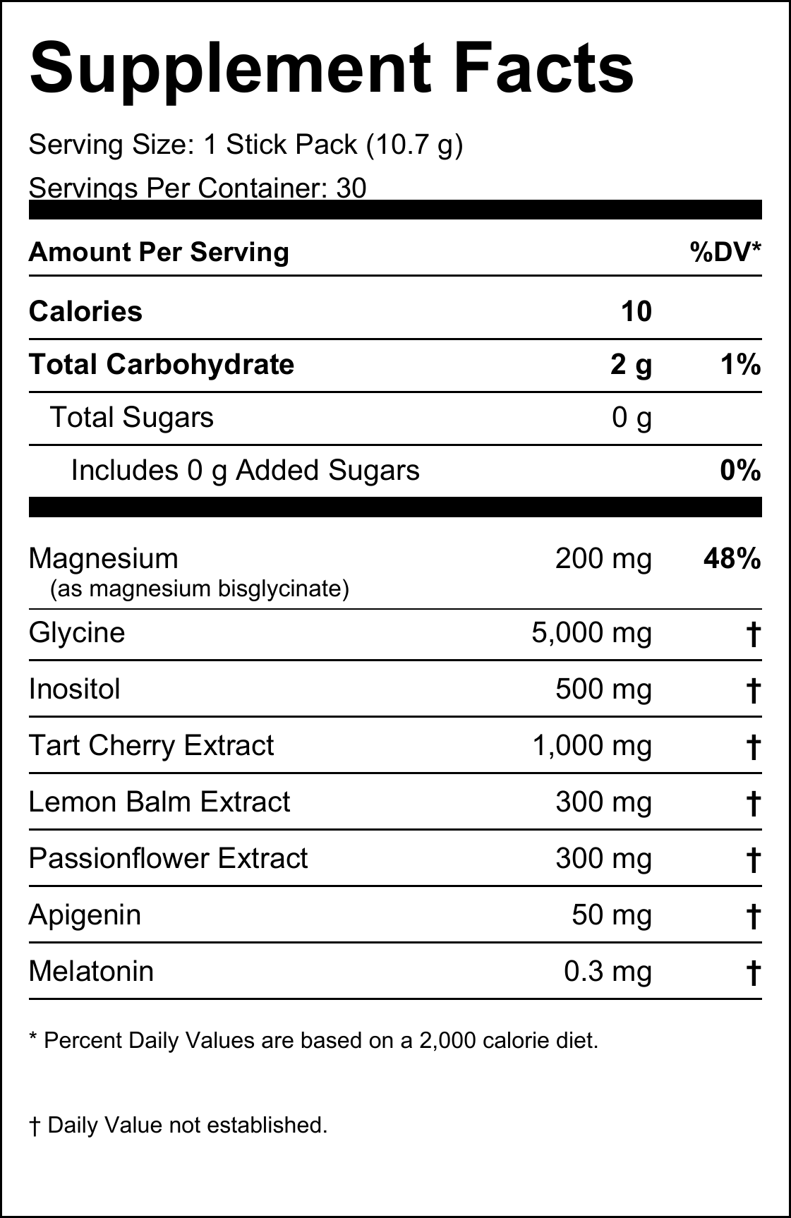 Supplement Facts for the 30-count pouch. Serving size: one 10.7 g stick pack.
