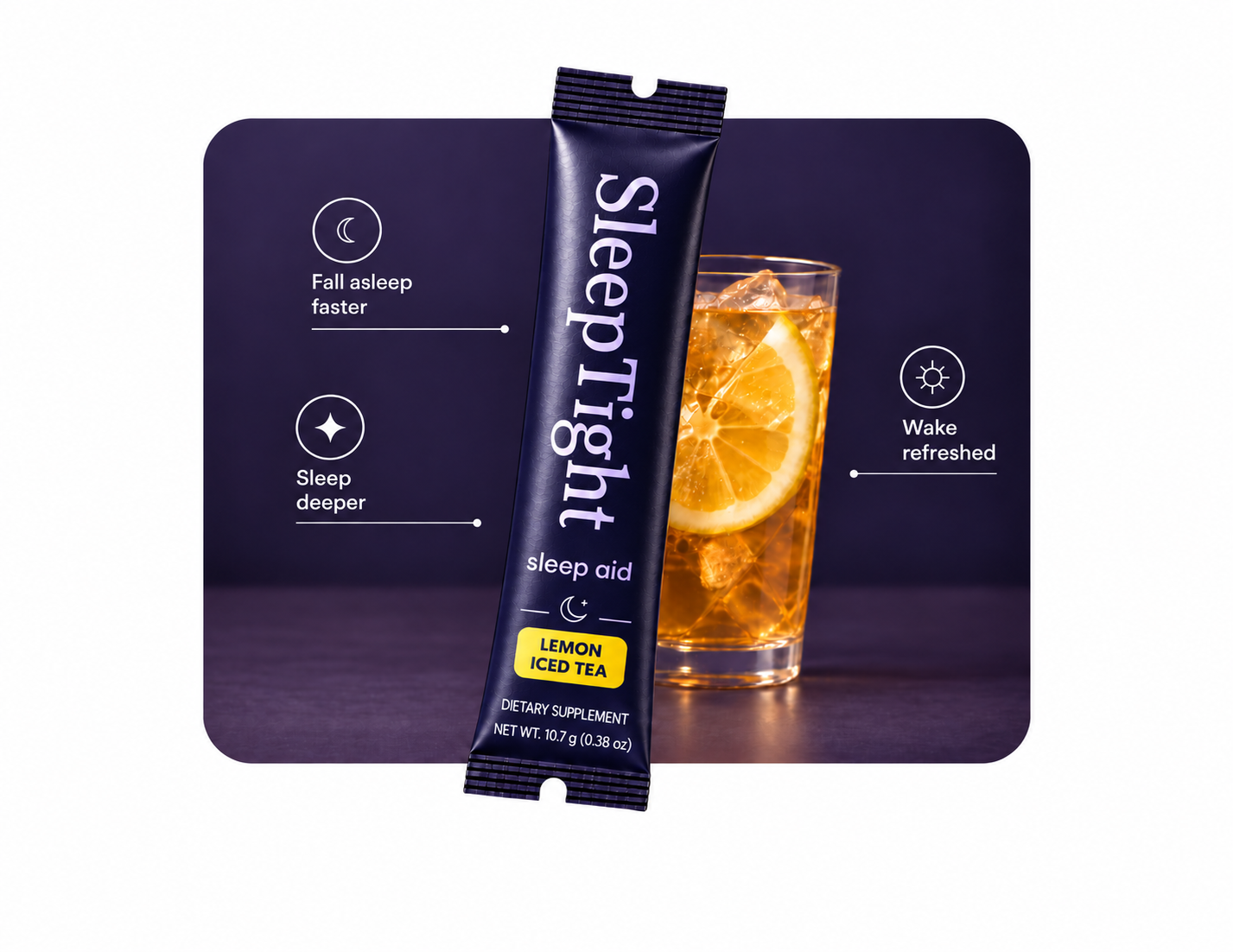 SleepTight Lemon Iced Tea stick pack with iced tea and sleep benefits