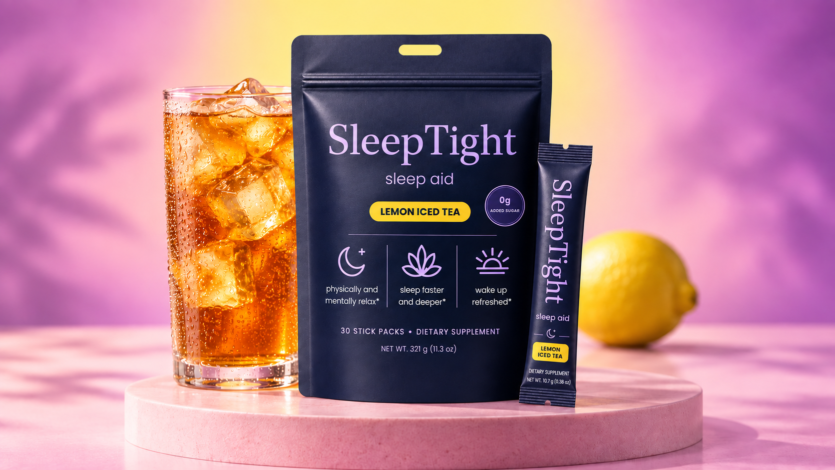SleepTight pouch, stick pack, and Lemon Iced Tea