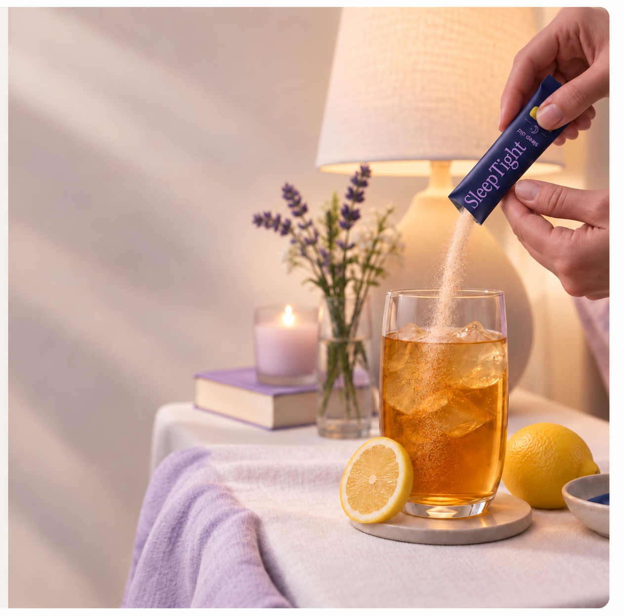 Hands pouring an authentic SleepTight Lemon Iced Tea stick pack into a glass