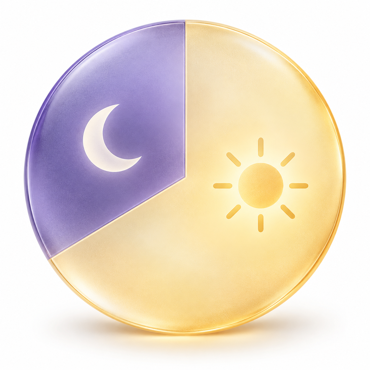 A circle with one third lavender night and two thirds golden day, represented by a moon and sun