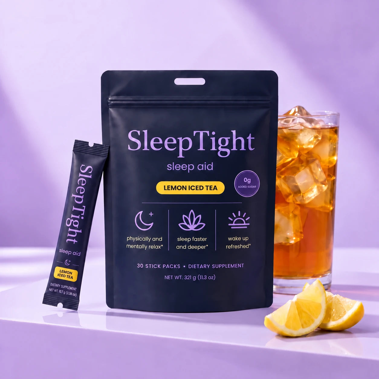 SleepTight Lemon Iced Tea pouch, stick pack, iced tea and lemon